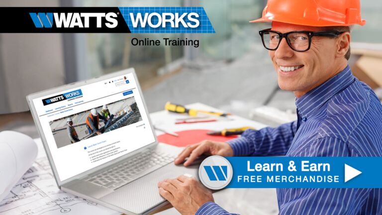 A promotional banner for Watts Works, an online training program. A man is at his laptop accessing the training page, where you can learn and earn free merchandise.